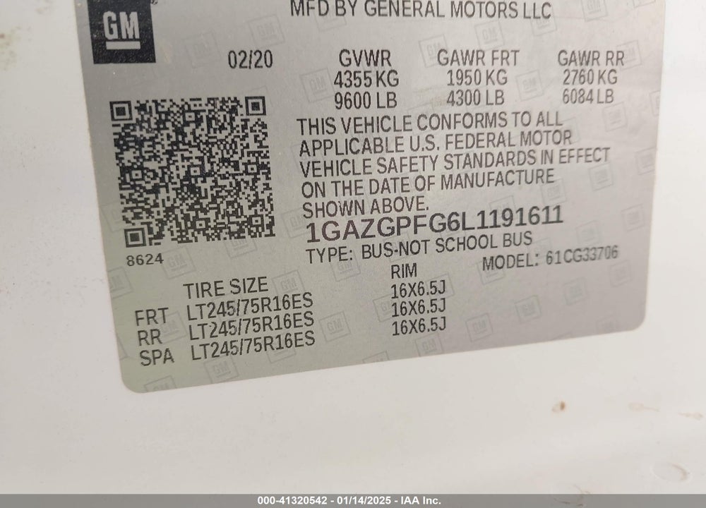 2020 CHEVROLET EXPRESS PASSENGER RWD 3500 EXTENDED WHEELBASE LT VIN: 1GAZGPFG6L1191611