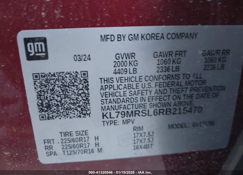2024 CHEVROLET TRAILBLAZER AWD LT VIN: KL79MRSL6RB215470