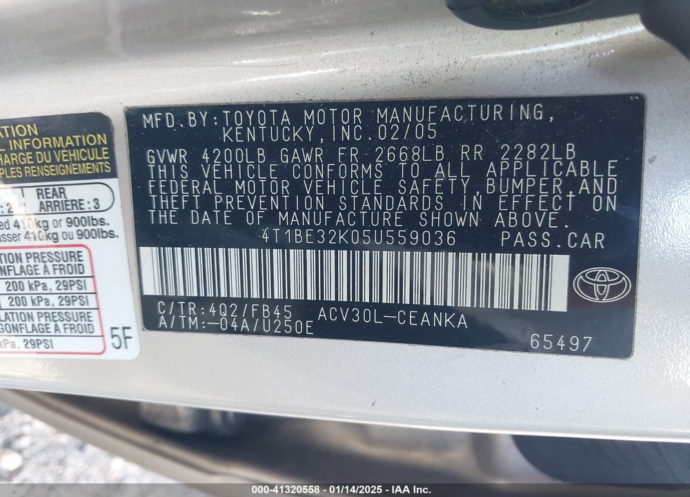 2005 TOYOTA CAMRY LE VIN: 4T1BE32K05U559036