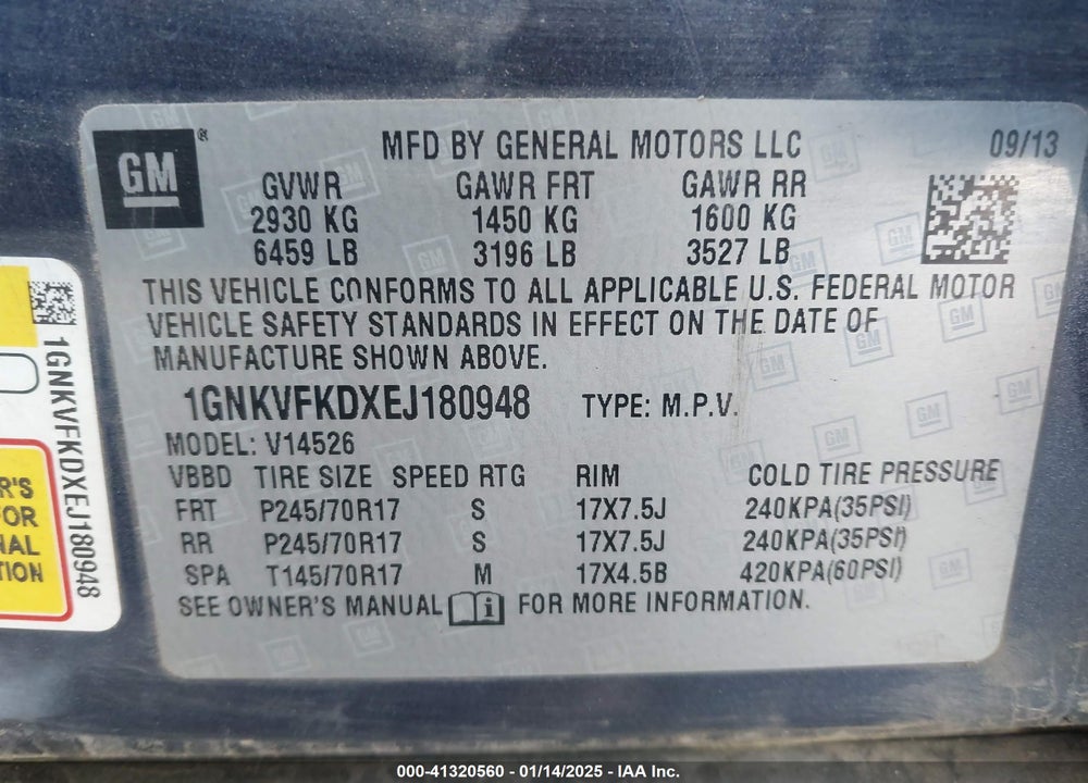 2014 CHEVROLET TRAVERSE LS VIN: 1GNKVFKDXEJ180948