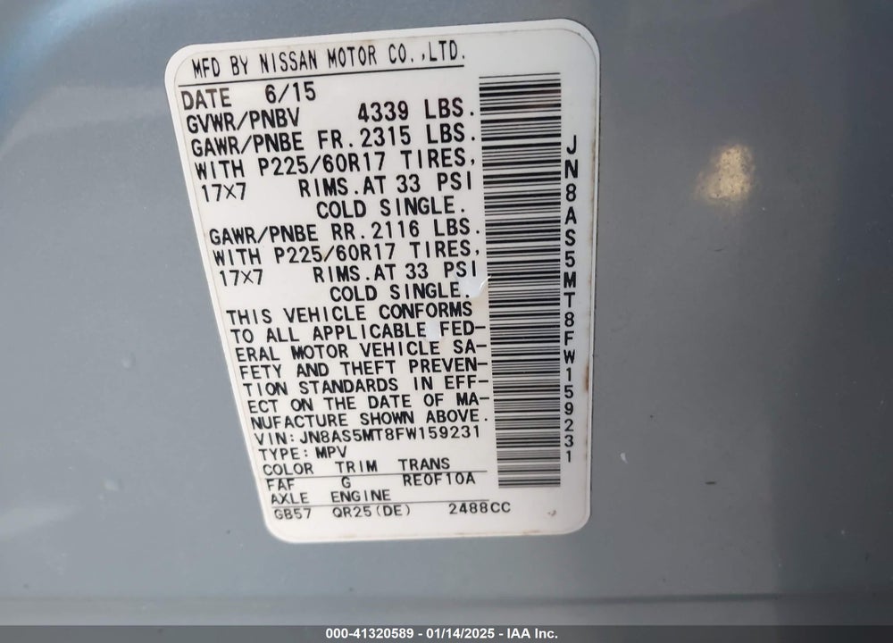 2015 NISSAN ROGUE SELECT S VIN: JN8AS5MT8FW159231