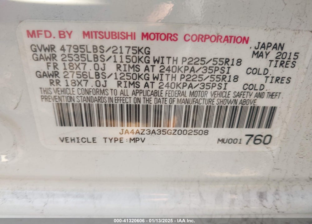 2016 MITSUBISHI OUTLANDER VIN: JA4AZ3A35GZ002508