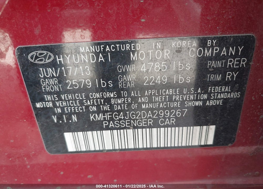 2013 HYUNDAI AZERA VIN: KMHFG4JG2DA299267