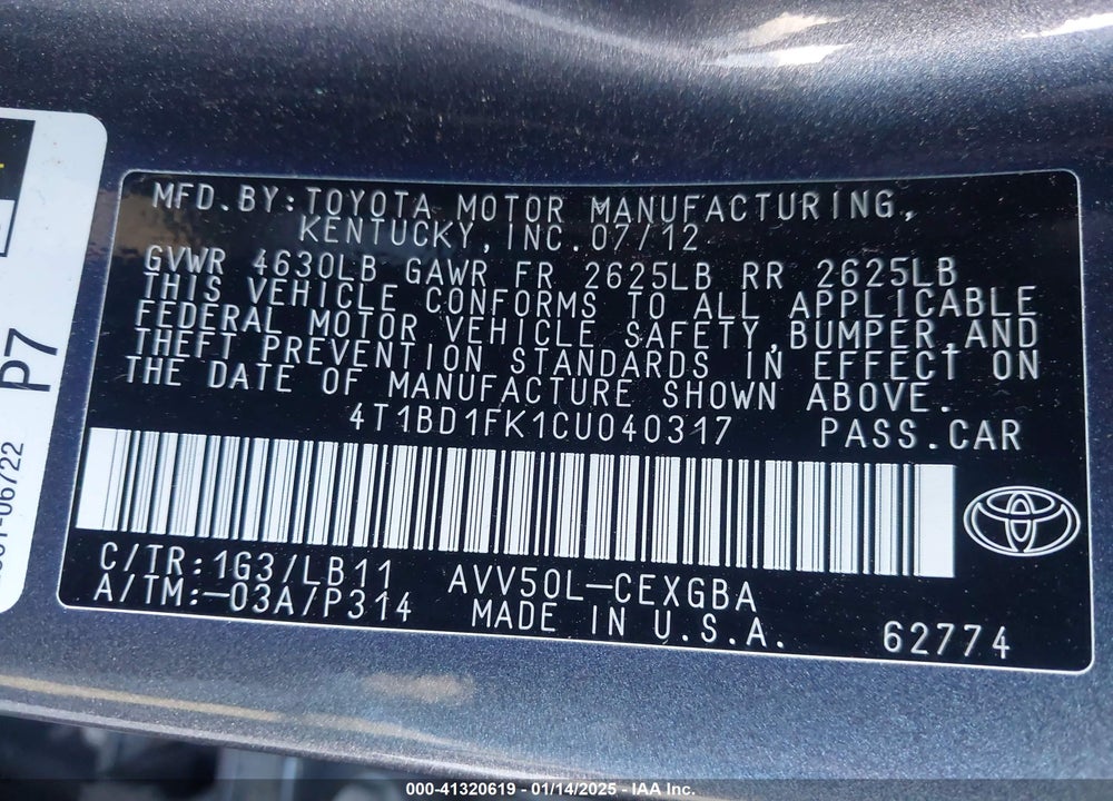 2012 TOYOTA CAMRY HYBRID VIN: 4T1BD1FK1CU040317