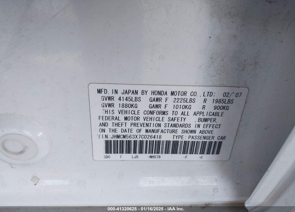 2007 HONDA ACCORD VIN: JHMCM563X7C026418