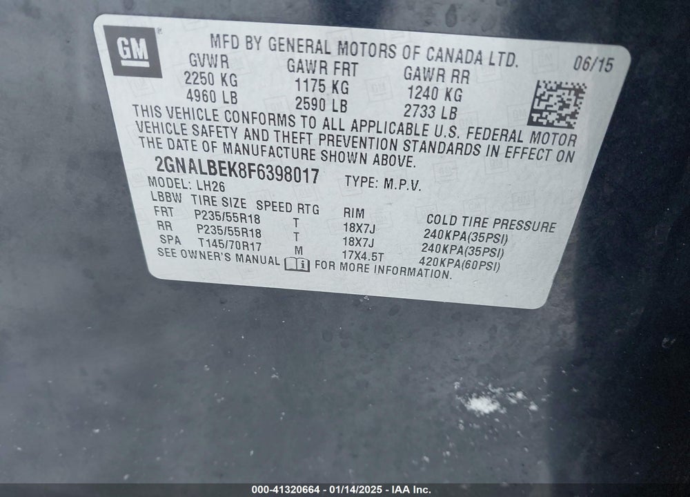 2015 CHEVROLET EQUINOX 1LT VIN: 2GNALBEK8F6398017