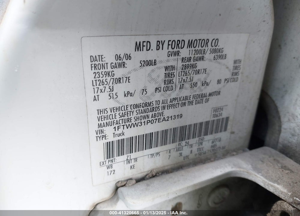 2007 FORD F-350 LARIAT/XL/XLT VIN: 1FTWW31P07EA21319
