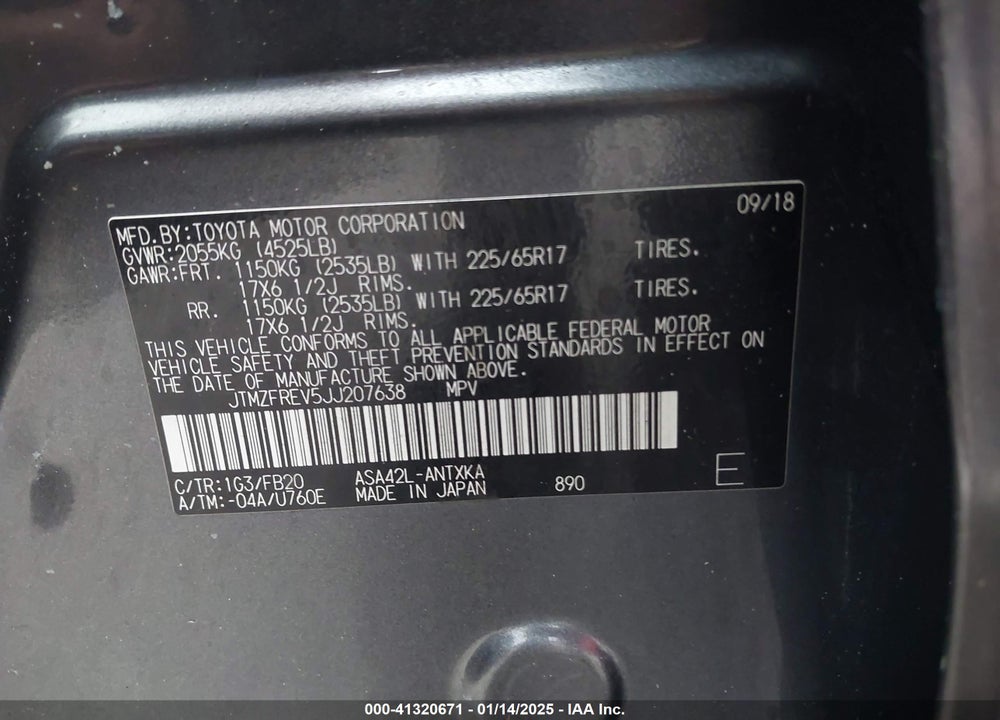 2018 TOYOTA RAV4 LE VIN: JTMZFREV5JJ207638