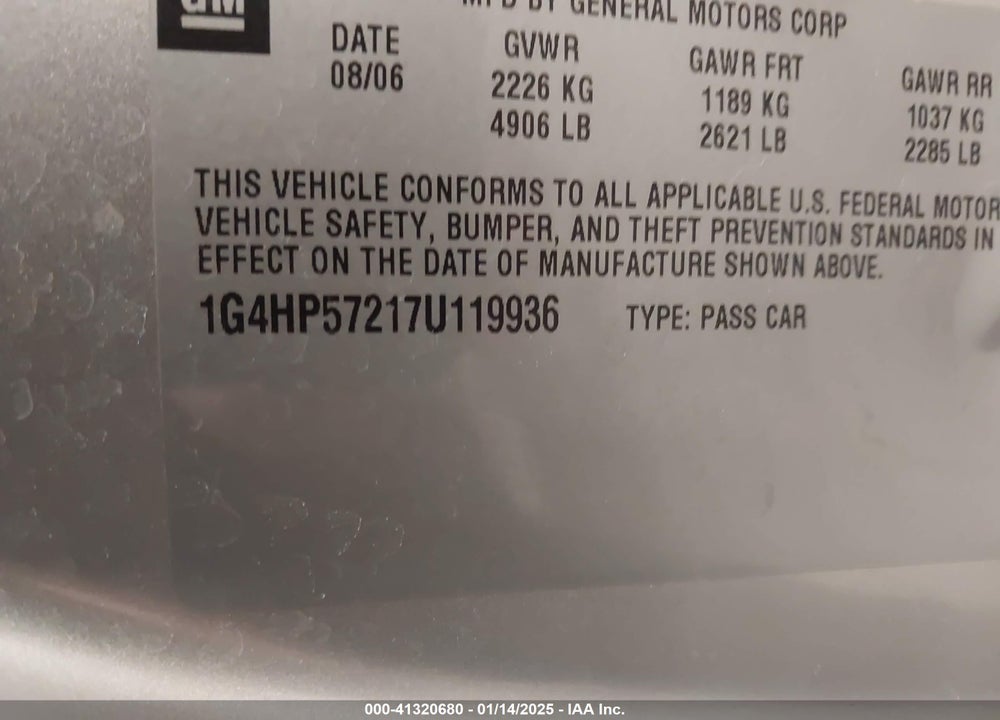 2007 BUICK LUCERNE VIN: 1G4HP57217U119936