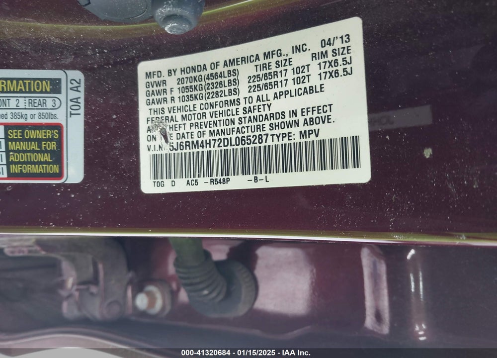 2013 HONDA CR-V EX-L VIN: 5J6RM4H72DL065287