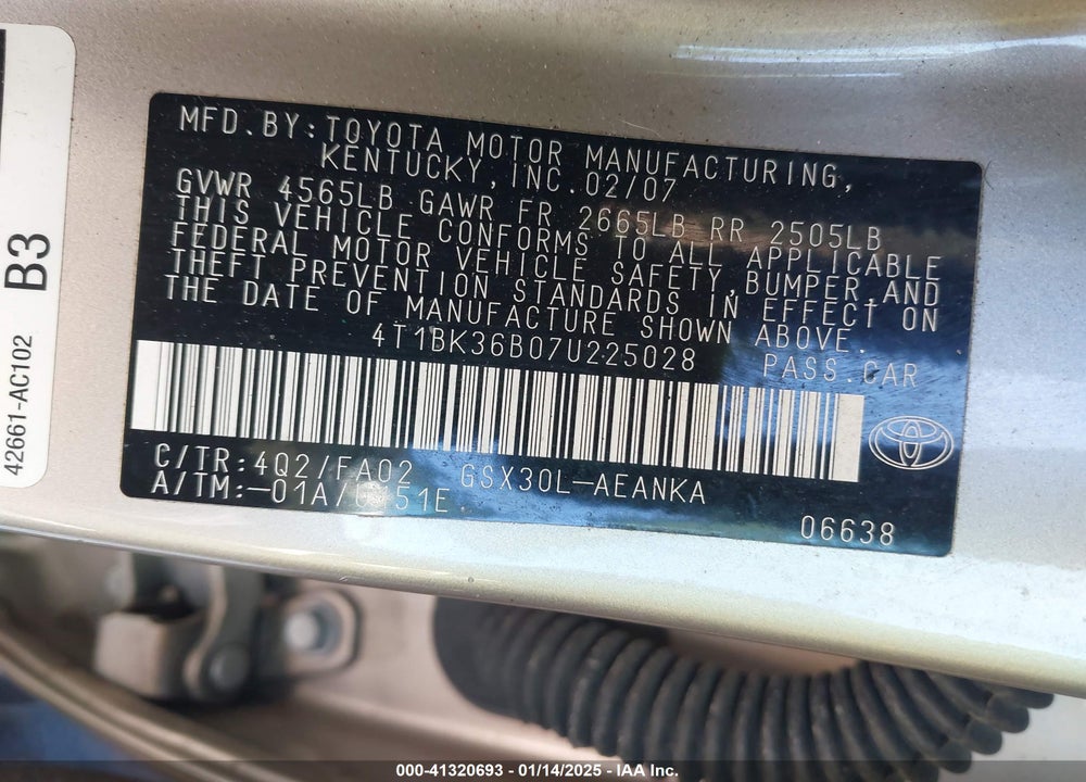 2007 TOYOTA AVALON XL VIN: 4T1BK36B07U225028