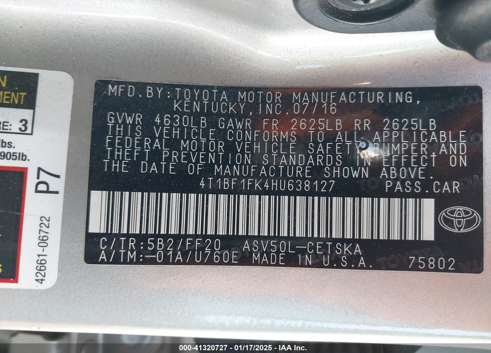 2017 TOYOTA CAMRY VIN: 4T1BF1FK4HU638127