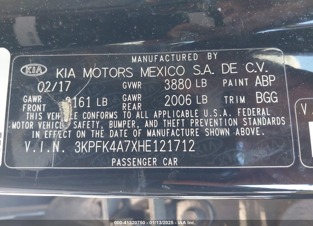 2017 KIA FORTE VIN: 3KPFK4A7XHE121712