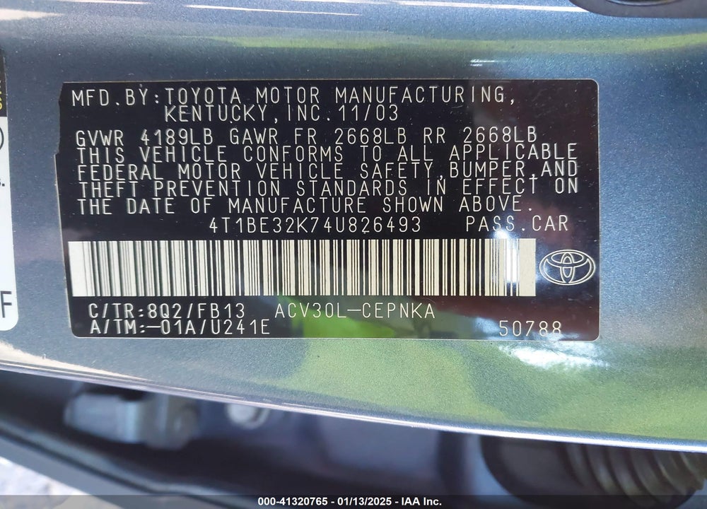 2004 TOYOTA CAMRY LE VIN: 4T1BE32K74U826493