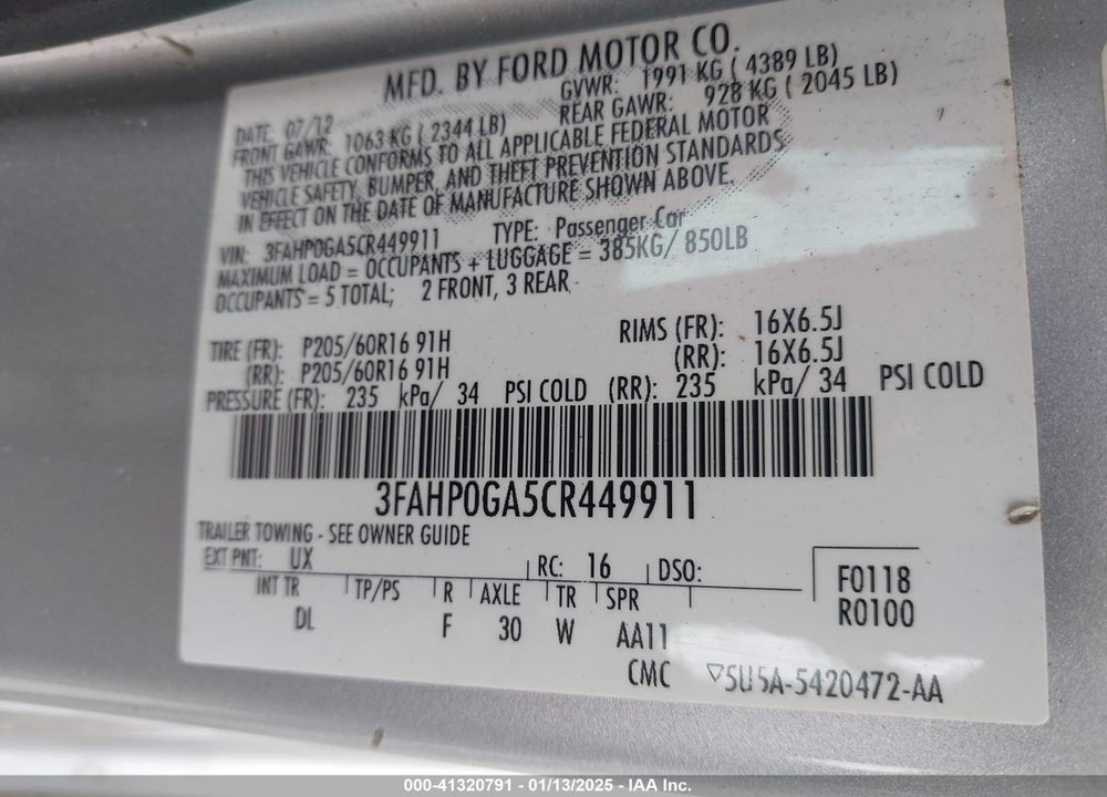 2012 FORD FUSION VIN: 3FAHP0GA5CR449911