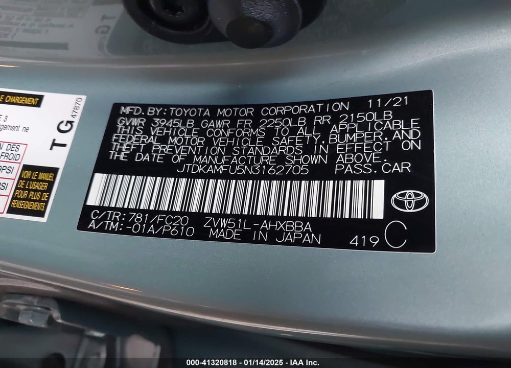 2022 TOYOTA PRIUS VIN: JTDKAMFU5N3162705