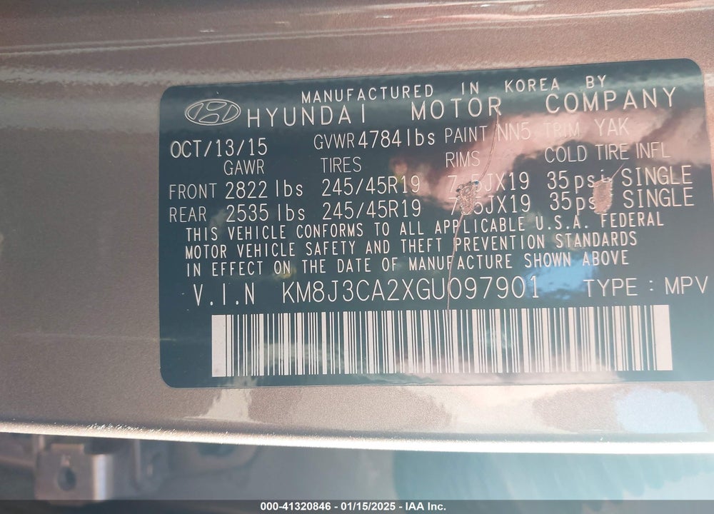 2016 HYUNDAI TUCSON LIMITED VIN: KM8J3CA2XGU097901