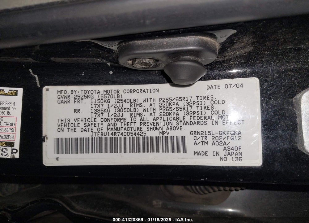 2004 TOYOTA 4RUNNER VIN: JTEBU14R740054425