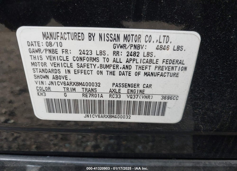 2011 INFINITI G37X VIN: JN1CV6ARXBM400032