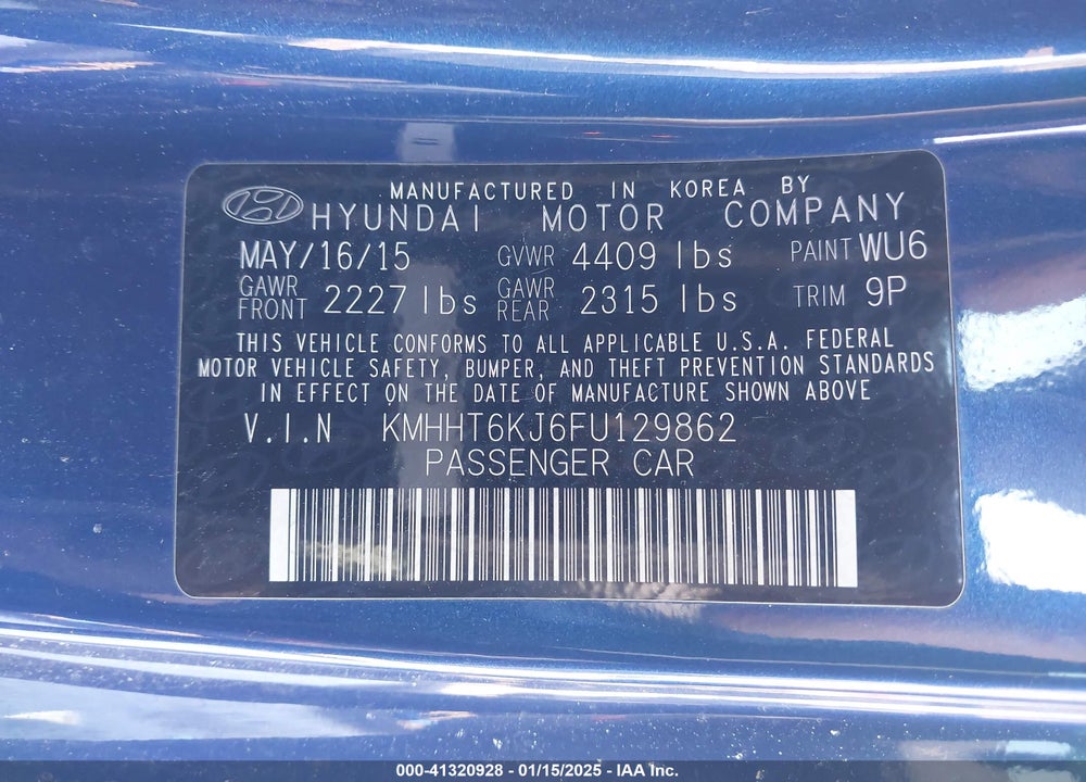 2015 HYUNDAI GENESIS VIN: KMHHT6KJ6FU129862