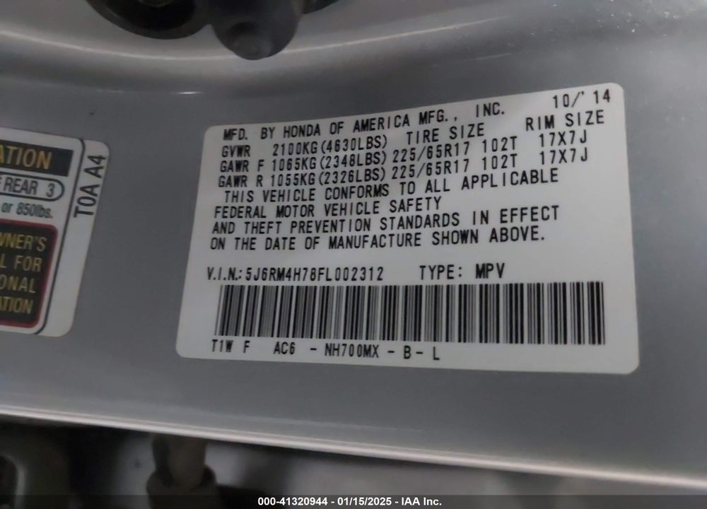 2015 HONDA CR-V EX-L VIN: 5J6RM4H78FL002312