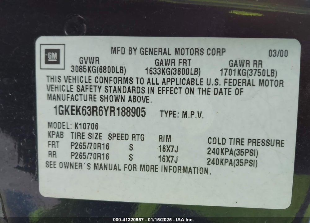 2000 GMC YUKON DENALI VIN: 1GKEK63R6YR188905