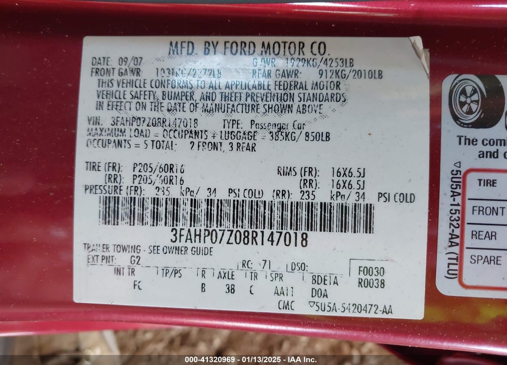 2008 FORD FUSION VIN: 3FAHP07Z08R147018