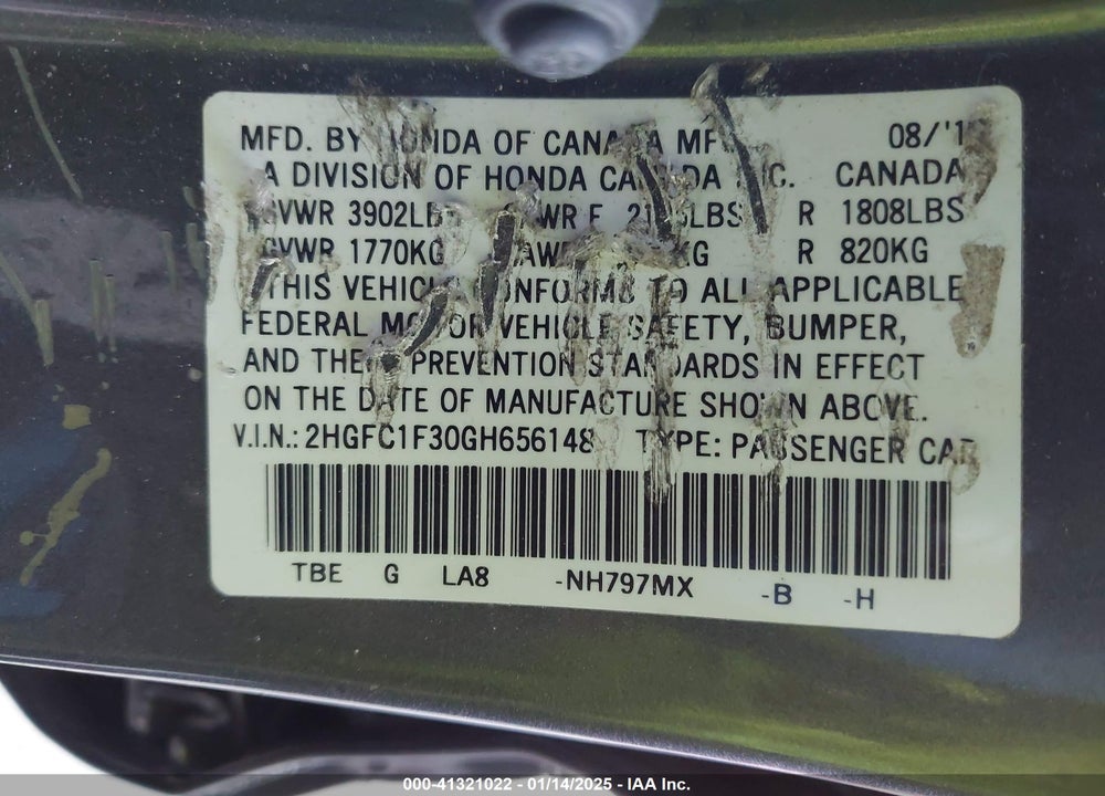 2016 HONDA CIVIC VIN: 2HGFC1F30GH656148