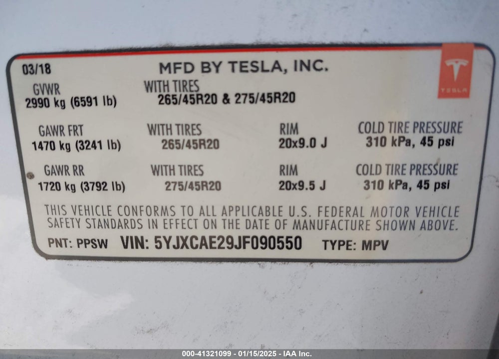 2018 TESLA MODEL X 100D/75D/P100D VIN: 5YJXCAE29JF090550