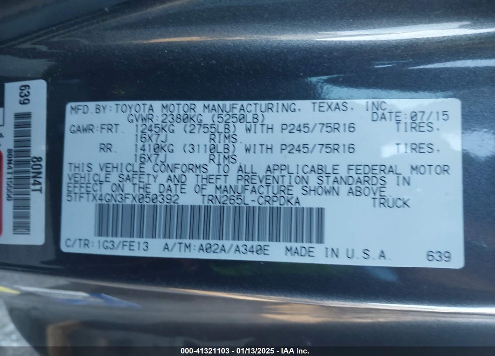 2015 TOYOTA TACOMA VIN: 5TFTX4GN3FX050392