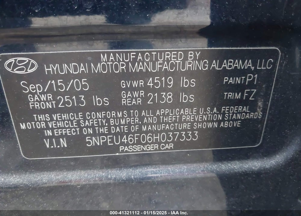 2006 HYUNDAI SONATA GLS V6/LX V6 VIN: 5NPEU46F06H037333