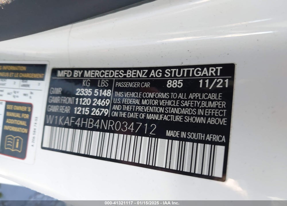 2022 MERCEDES-BENZ C VIN: W1KAF4HB4NR034712