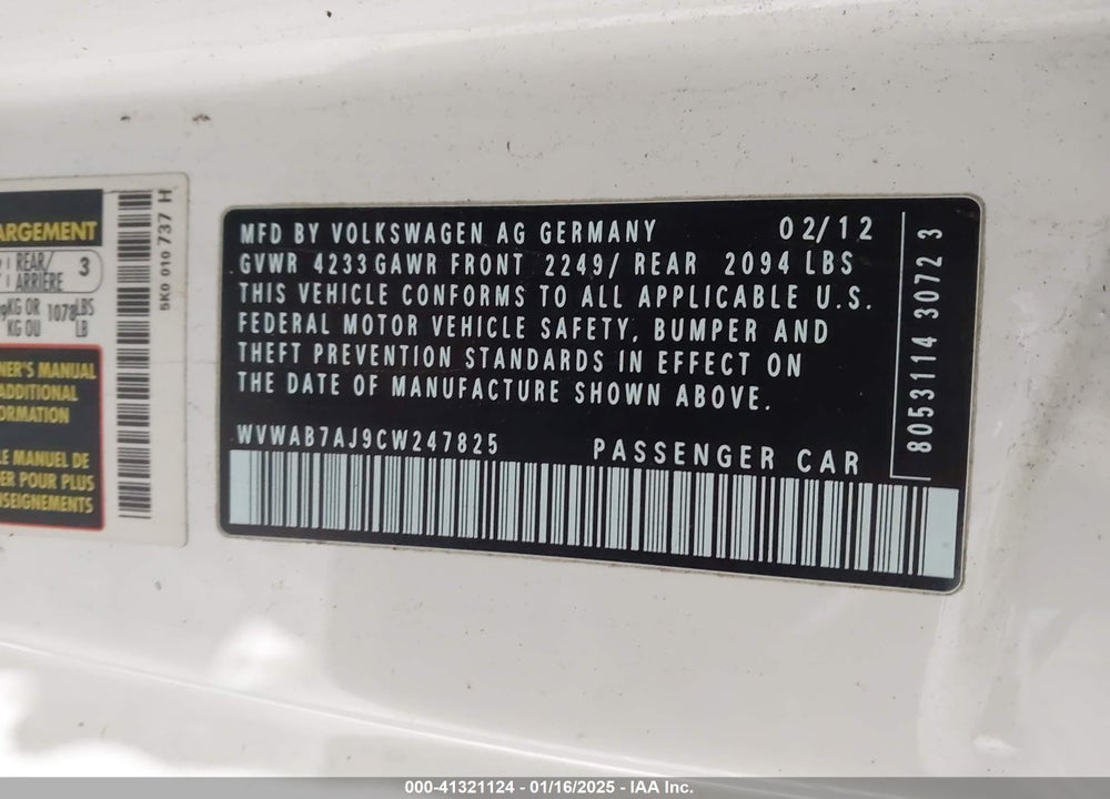 2012 VOLKSWAGEN GOLF VIN: WVWAB7AJ9CW247825