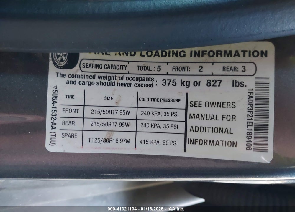 2014 FORD FOCUS VIN: 1FADP3F21EL189406