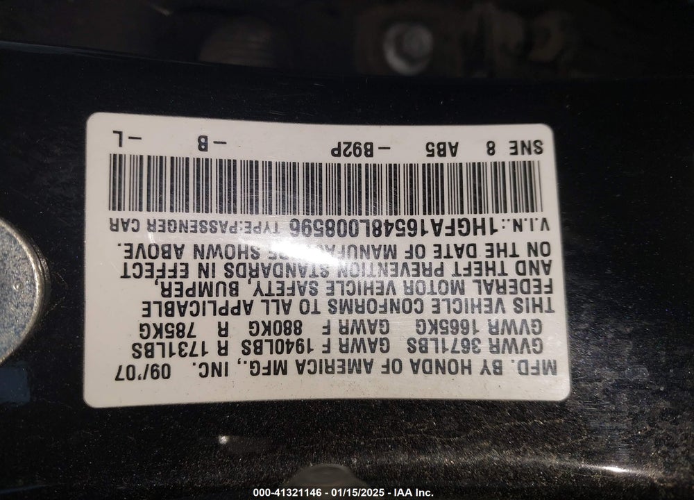 2008 HONDA CIVIC LX VIN: 1HGFA16548L008596