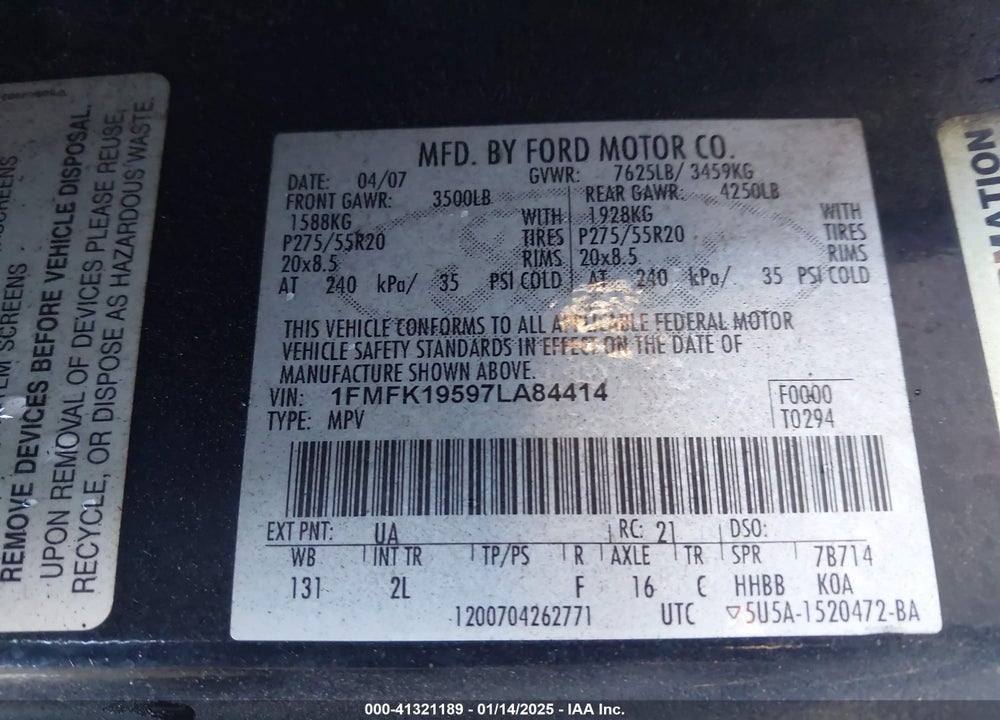 2007 FORD EXPEDITION EL LIMITED VIN: 1FMFK19597LA84414