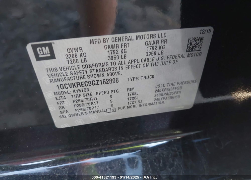 2016 CHEVROLET SILVERADO 1500 VIN: 1GCVKREC9GZ162898