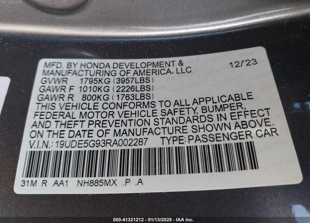 2024 ACURA INTEGRA VIN: 19UDE5G93RA002287