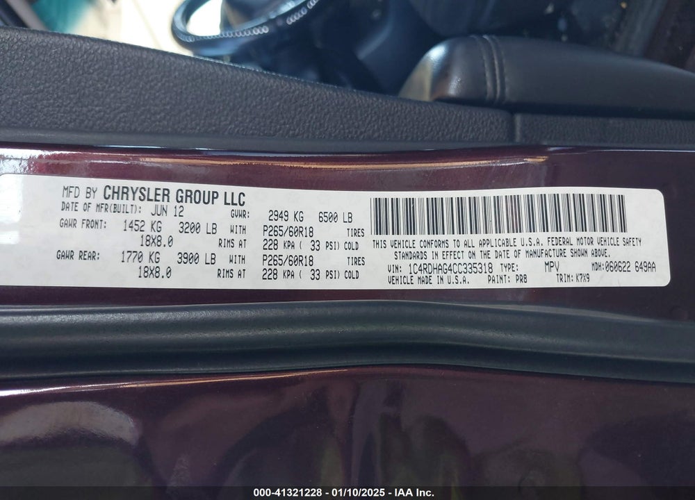 2012 DODGE DURANGO SXT VIN: 1C4RDHAG4CC335318