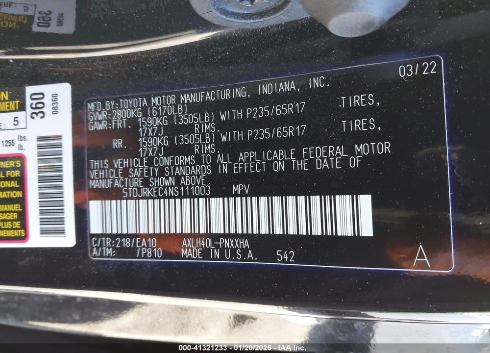2022 TOYOTA SIENNA VIN: 5TDJRKEC4NS111003
