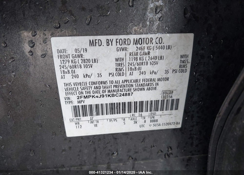 2019 FORD EDGE SEL VIN: 2FMPK4J91KBC24887