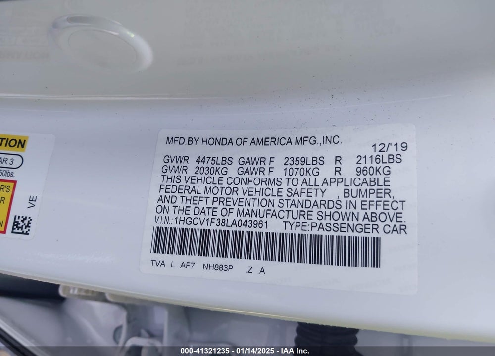 2020 HONDA ACCORD VIN: 1HGCV1F38LA043961
