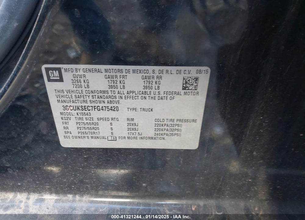 2015 CHEVROLET SILVERADO 1500 1LZ VIN: 3GCUKSEC7FG475420