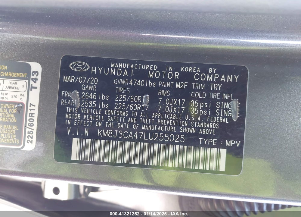 2020 HYUNDAI TUCSON VALUE VIN: KM8J3CA47LU255025
