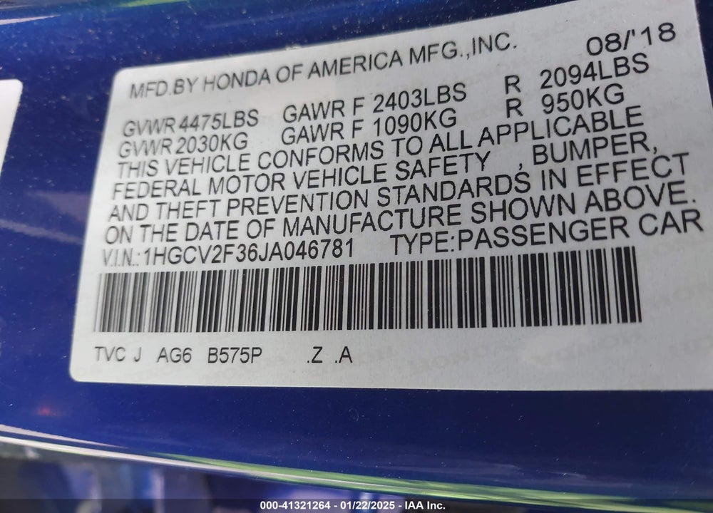 2018 HONDA ACCORD VIN: 1HGCV2F36JA046781