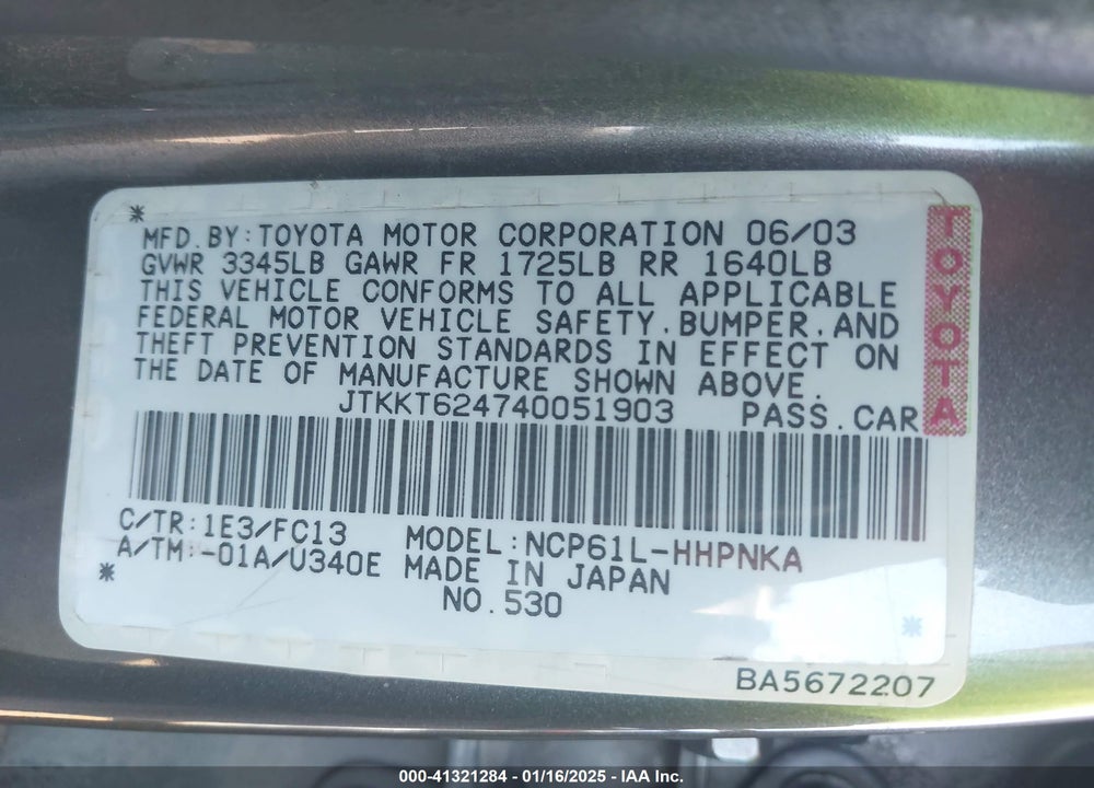 2004 SCION XA VIN: JTKKT624740051903