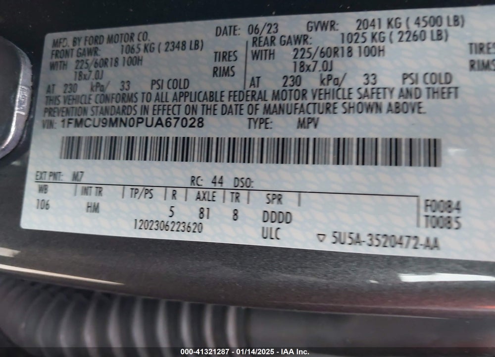 2023 FORD ESCAPE ST LINE VIN: 1FMCU9MN0PUA67028