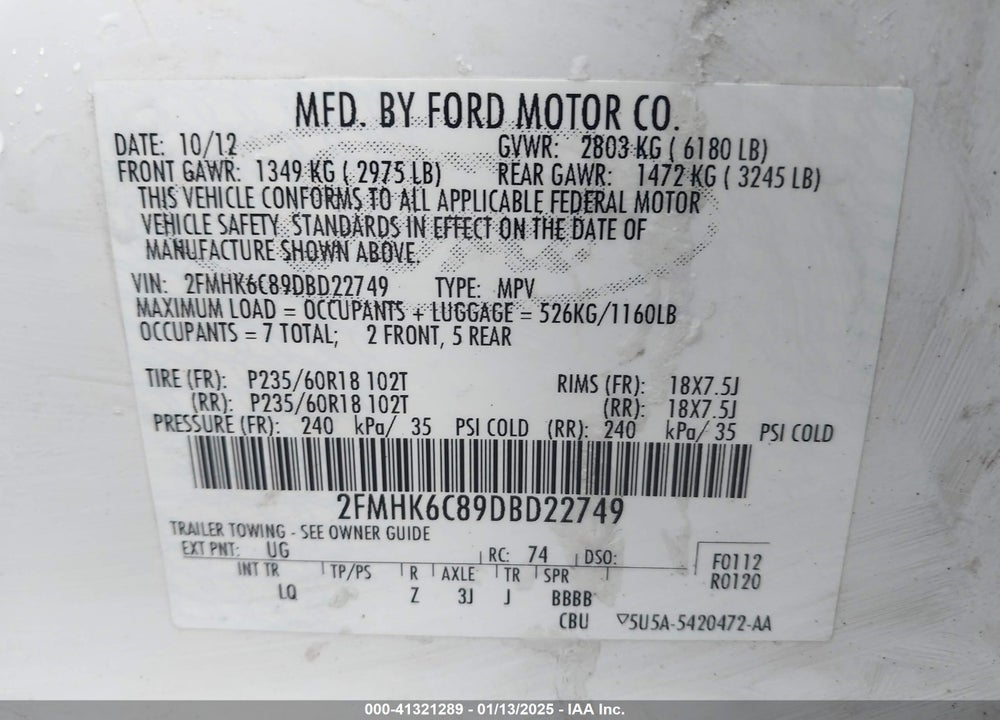 2013 FORD FLEX SEL VIN: 2FMHK6C89DBD22749