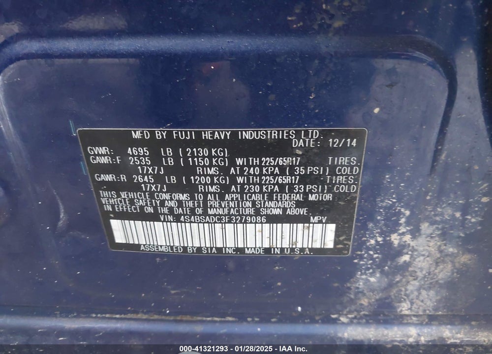 2015 SUBARU OUTBACK 2.5I PREMIUM VIN: 4S4BSADC3F3279086
