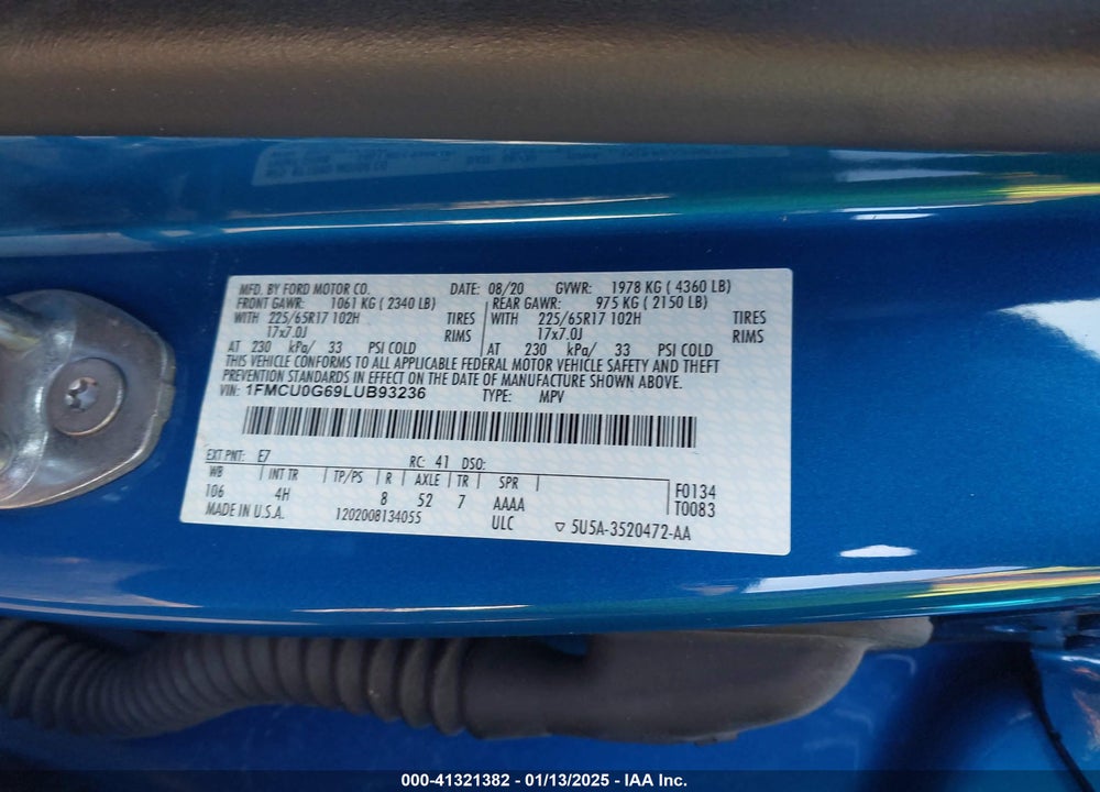 2020 FORD ESCAPE SE VIN: 1FMCU0G69LUB93236